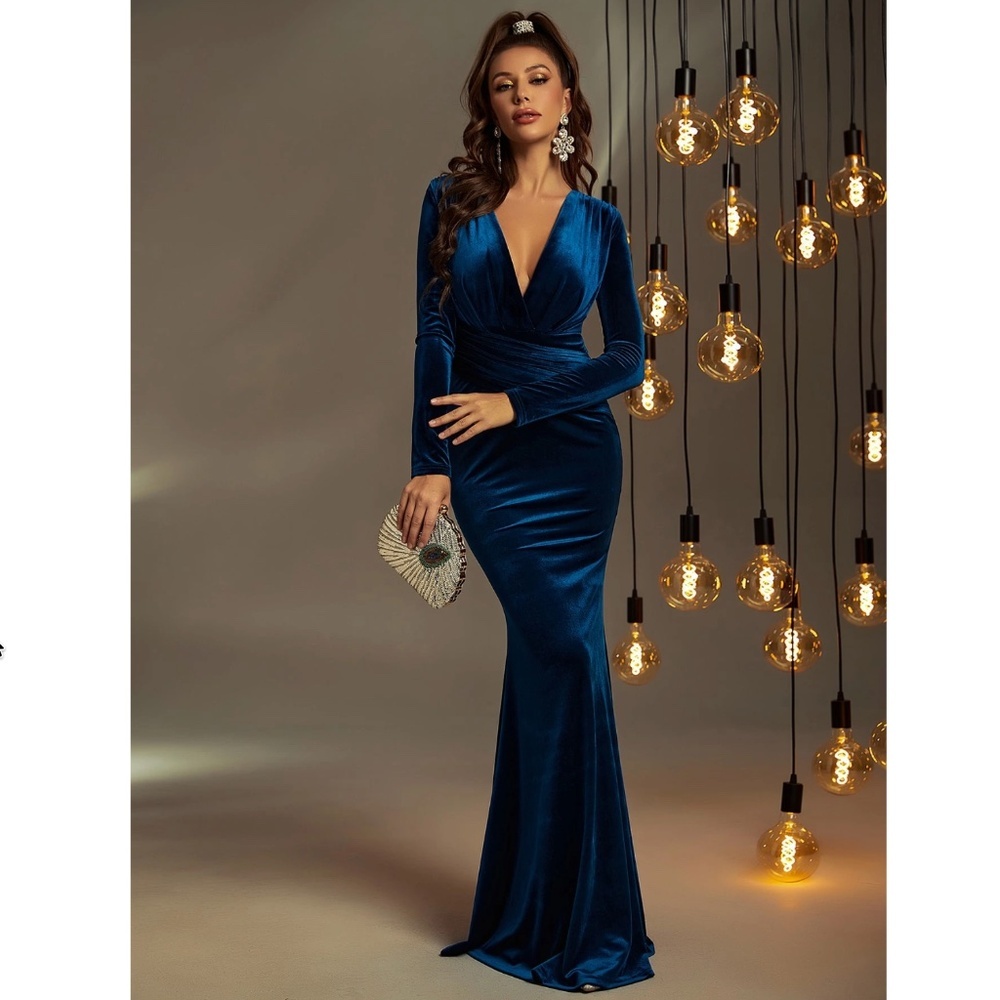 Deep V Navy Blue Velvet Maxi Dress Long Sleeve